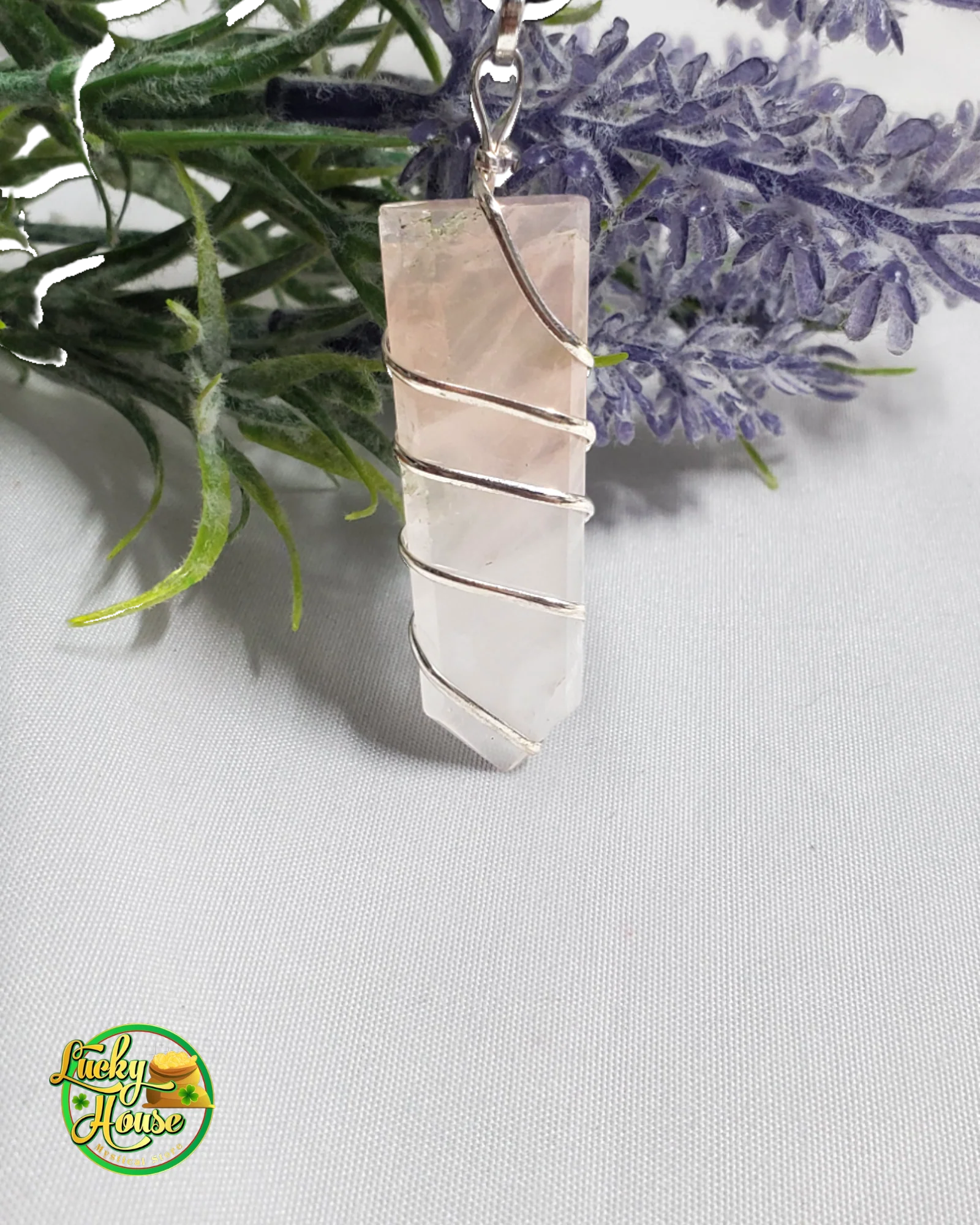 Rose Quartz Flat Wire Wrapped Pendant - Image 2